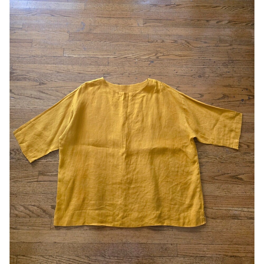 Bryn Walker Mustard Yellow 100% Linen Oversized Boxy Top Size Small Lagenlook